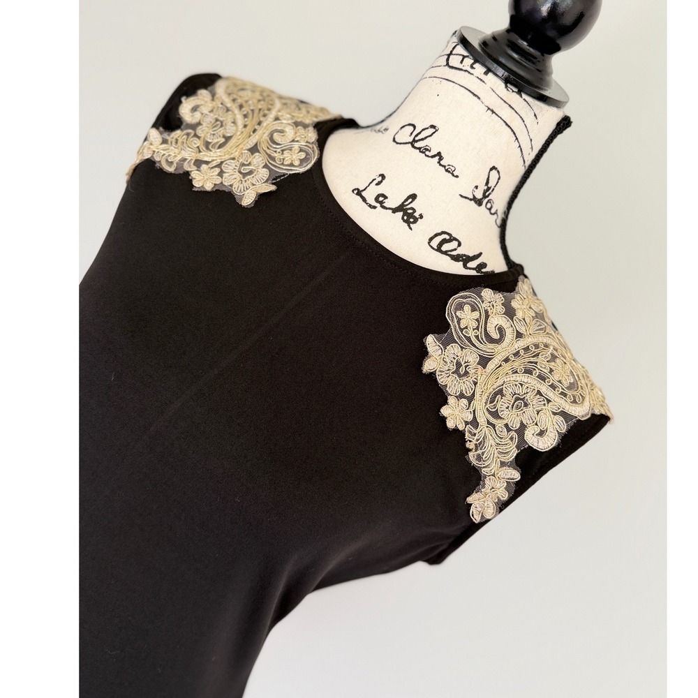 SHEIN Black Sheath Dress Gold Lace Applique Sleeveless Cocktail Dark Academia - Picture 9 of 14